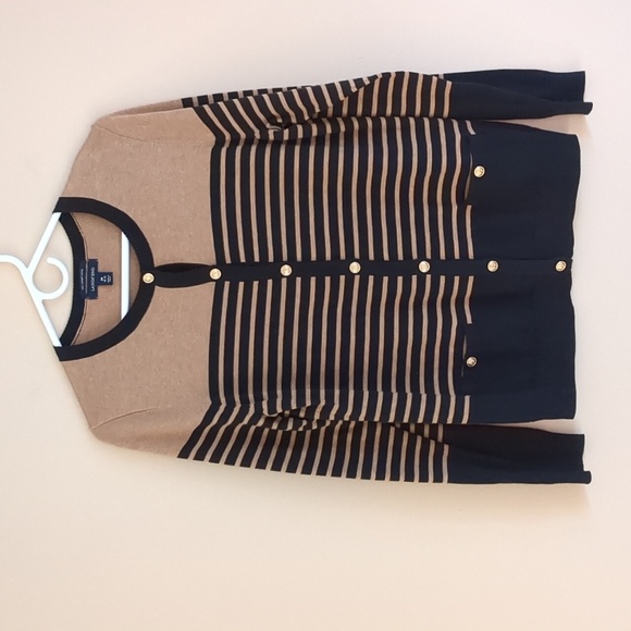 Medium Lands' End Tan And Black Striped Cardigan Supima Cotton - Picture 1 of 13